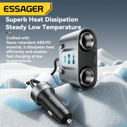 Essager 150W USB C Car Charger 2 in 1 100W Dual Cigarette Lighter Splitter 5 Ports QC 3.0 PD 3.0 Fast Charging For Mobile Phone - Image 4