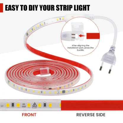 AC220V LED Strip Lights EU UK Plug SMD2835 120LEDs/m Waterproof Lamp With Adhesive Tape Warm/Natural/Cool White Red Blue Yellow - Image 17