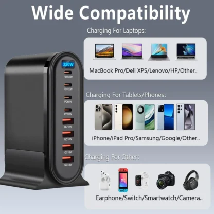320W GaN Charger Multiple Ports Desktop Charging Station PD3.0 QC USB Type C Fast Charge For iPhone 14/Samsung s24/iPad/Xiaomi - Image 2