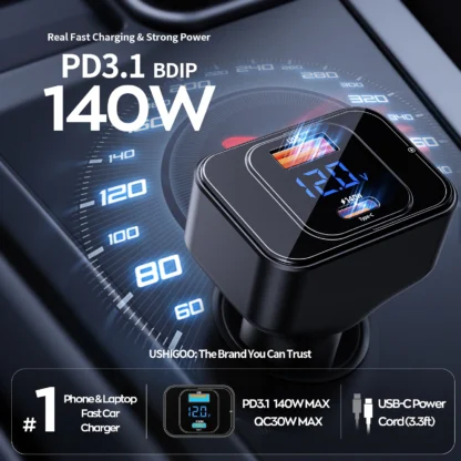 170W PD3.1 Car Charger with LED Display, USB-C Stable Fast Charging (140W+30W) for iPhone 16 Pro Max/Samsung S25 Ultra - Image 2