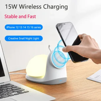 15W Soft Snail Wireless Charger Desk Stand: 3-Mode Tap Night Light, Detachable Shell & Gentle White Glow, Compact Design