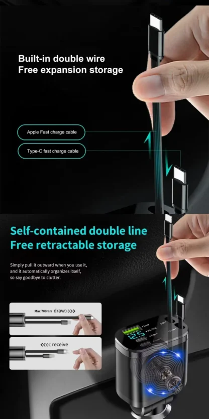 UYUXIO Retractable USB C Car Charger 66W Super Fast Charging Adapter with Cable Voltage Display for iPhone 16 15 14 13 Samsung - Image 12