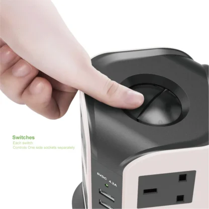 UK Plug Vertical Power Strip British Extension Surge Protectors Tower 8 Outlet 4USB Sockets 2.1A Charge Port 6.5ft Cord 2m Cable - Image 10