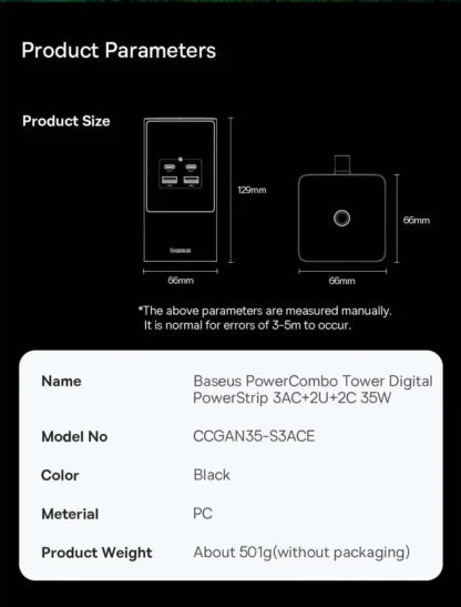 Baseus 35W Fast Charger 7 in 1 Power Strip Desktop Charging Station With 1200J Surge Protector Digital Display For iPhone Xiaomi - Image 22