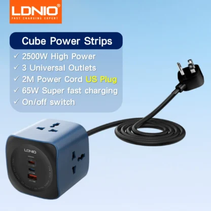 Cube Power Strip LDNIO 65W Charging Stations 2M Electric Extension Power Cord EU UK US Plug USB C Adapter Socket Surge Protector - Image 7