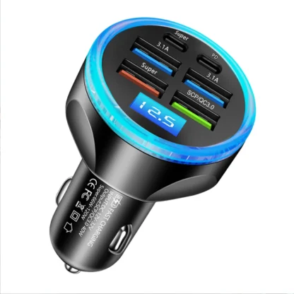 UYUXIO Multi Port USB C Car Charger Adapter with Voltage Display PD 30W Super Fast Charging 6 in 1 for MacBook iPhone Samsung - Image 7