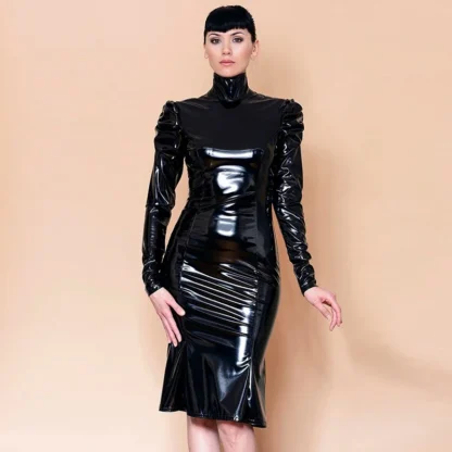 Women Black Shiny Faux Leather Plus Size Mid Dresses Fashion Ladies Long Glossy PU Dress New Casual Hot Party Clubwear Dress