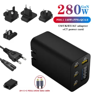 PD3.1 280W GaN High Power Motherboard 0.96inch OLED Screen 140W+140W PPS105W Portable US/EU/UK/KR C7/AU Module Fast Charging