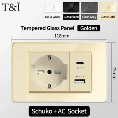 118 Wall Switch Socket with USB Type-C 20W 16A  Fast Charging Italy Chile Schuko Outlet Golden Tempered Glass Panel for Office - Image 18