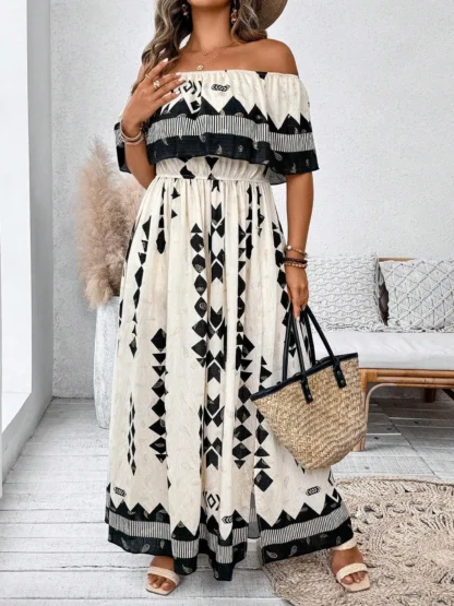 【Plus Size】 Patchwork Print Off Shoulder Dress, Casual Fashion Long Sleeve Dress for Daily Outdoor Wear, Women Plus Clothing for - Image 4