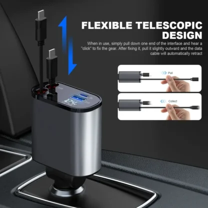 4 in 1 120W Car Charger Retractable Car Cigarette Lighter Adapter USB Type C Fast Charger Cable For IPhone Xiaomi Huawei Samsung - Image 2