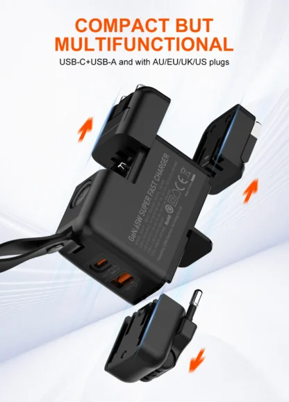 LDNIO 65W USB C Charger GaN Travel Charger 2 USB Fast Charging Ports Universal Travel Adapter UK/EU/USA/AUS plug for Laptops - Image 4