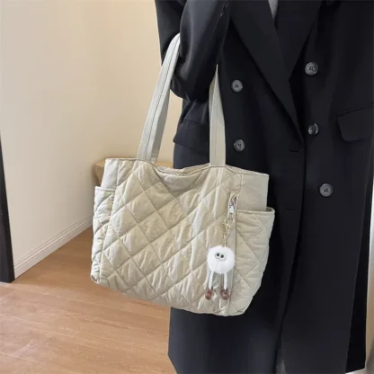 Fashion New Ins Cotton Clothing Bag for Women New Diamond Grid Large Capacity Hand-held Tote Bag Commuting Shopping Shoulder Bag - Image 5