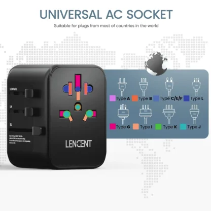 LENCENT 30W Universal Travel Adapter With 2 USB Port and 3 Type C All-in-one Travel Charger Adapter for US EU UK AUS Travel - Image 3