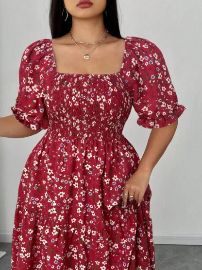 Plus Size Floral Casual Dress for Women, Fitted Woven Fabric, Comfortable for Spring & Fall, Fashion - Image 3