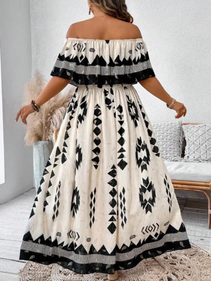 【Plus Size】 Patchwork Print Off Shoulder Dress, Casual Fashion Long Sleeve Dress for Daily Outdoor Wear, Women Plus Clothing for - Image 2