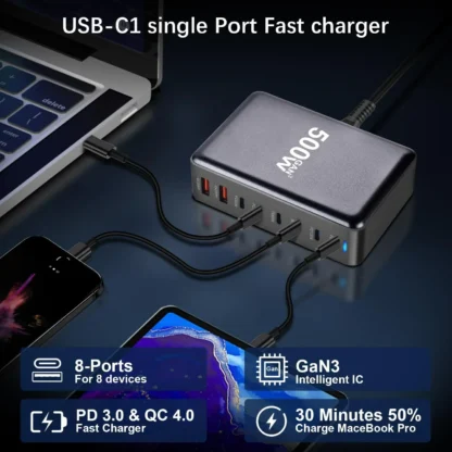 500W GaN Fast Charger Station, 8-Port USB PD & Quick Charge 3.0, 2 USB and 6 Type C Fast Charging Power Adapter for Cellphones, - Image 13