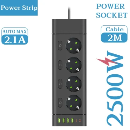 EU Plug Power Strip Multiple Independent Control Outlet Sockets 2m Extension Cord Electrical Socket with 4 USB 2 Type-C Ports - Image 12