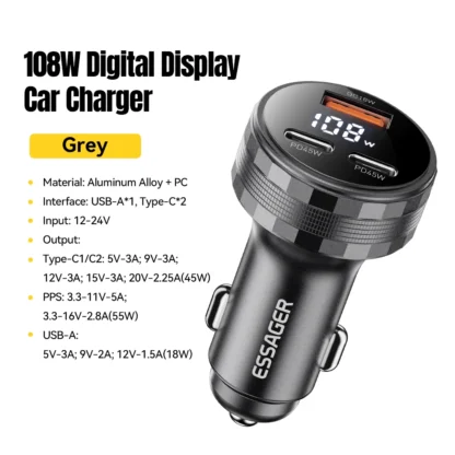 Essager USB C Car Charger 3 Ports 108W Type C Fast Charge PPS PD3.0 QC Car Phone Charger For  iPhone 16 15 Samsung Huawei Xiaomi - Image 8