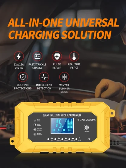 UK Plug Smart Car Battery Charger 12V15A/24V8A LCD Display Pulse Repair for AGM Gel Wet Lead Acid Lithium Batteries - Image 10