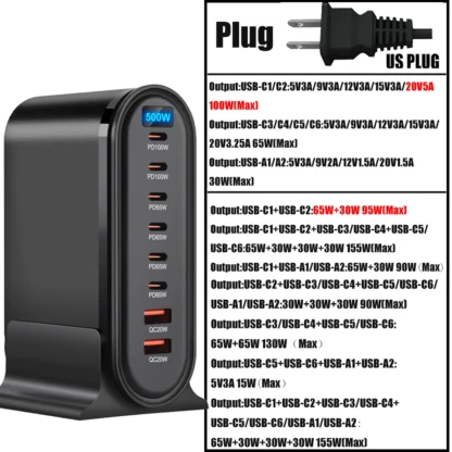 500W GaN Charger Multi-port Desktop Charging Station For Laptops Tablets USB Type C Fast Charge For iPhone 15/Samsung/iPad Pro - Image 8