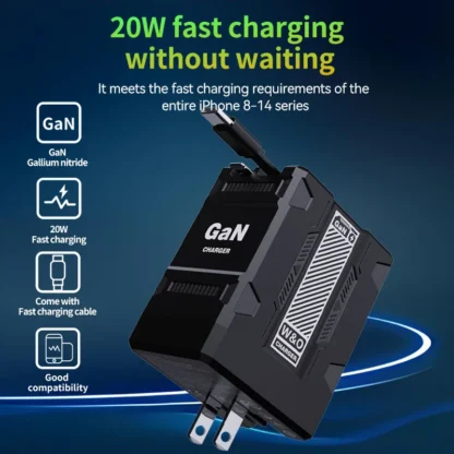 20W GaN Charger With Retractable Lightning & Type C Cable For iPhone  16 15 14 Type C Fast Charge Wall Charger Travel Charger - Image 9