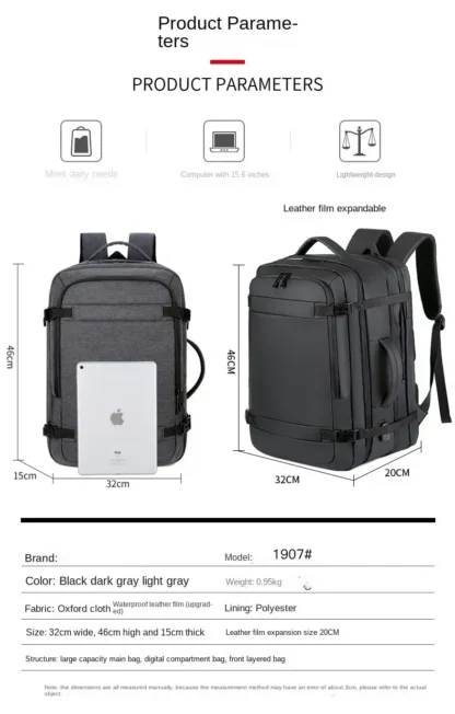 45L Large Capacity Multifunctional Extensible Rechargeable Hand-held Backpack Men's Waterproof Business Travel Computer Backpack - Image 19