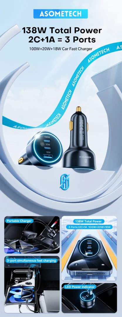138W Car Charger USB Type C Dual Port USB Phone Fast Charger PD Fast Charging for IPhone 14 Samsung Xiaomi  IPad Laptops Tablets - Image 9