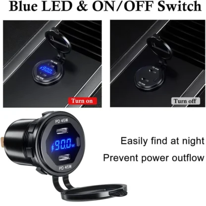 90W Quick Charge Car Charger PD Port Fast Charging Switch ON/OFF Phone Charger LED Display Power Adapter 12V 24V for Car Boat RV - Image 4