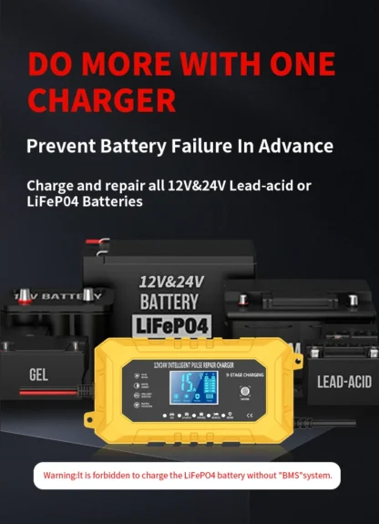 UK Plug Smart Car Battery Charger 12V15A/24V8A LCD Display Pulse Repair for AGM Gel Wet Lead Acid Lithium Batteries - Image 20