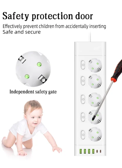 EU Plug Power Strip Multiple Independent Control Outlet Sockets 2m Extension Cord Electrical Socket with 4 USB 2 Type-C Ports - Image 22