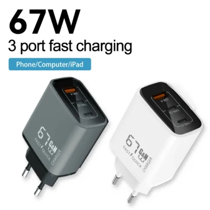 67W GaN USB-C ChargerThree Port QC PD Fast Charging Block Power Adapter for iPhone Laptop MacBook Samsung Galaxy Google