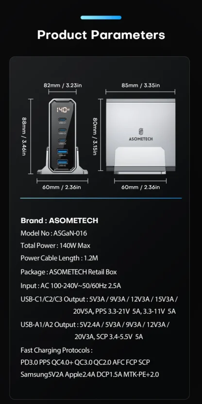 ASOMETECH 140W GaN USB Type C Fast Charger Multiple Ports QC4.0 PD Quick Charger For Macbook Laptop Tablet iPhone 14 Samsung S23 - Image 24