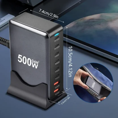 500W GaN Fast Charger Station, 8-Port USB PD & Quick Charge 3.0, 2 USB and 6 Type C Fast Charging Power Adapter for Cellphones, - Image 6