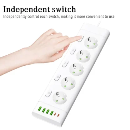 EU Plug Power Strip Multiple Independent Control Outlet Sockets 2m Extension Cord Electrical Socket with 4 USB 2 Type-C Ports - Image 3