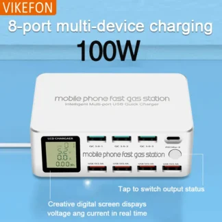100W 8 Ports USB Charger QC3.0 Quick Charge Multi Fast Charging Station LED Display 20W PD Fast Socker for IPhone Samsung Xiaomi