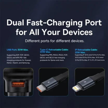 Baseus 60W Car Charger 2 in 1 Retractable Cable SCP 25W QC PD 30W Fast Car Phone Charger For iPad iPhone 16 15 14 13 Pro Samsung - Image 2