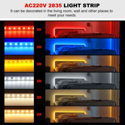 AC220V LED Strip Lights EU UK Plug SMD2835 120LEDs/m Waterproof Lamp With Adhesive Tape Warm/Natural/Cool White Red Blue Yellow - Image 20