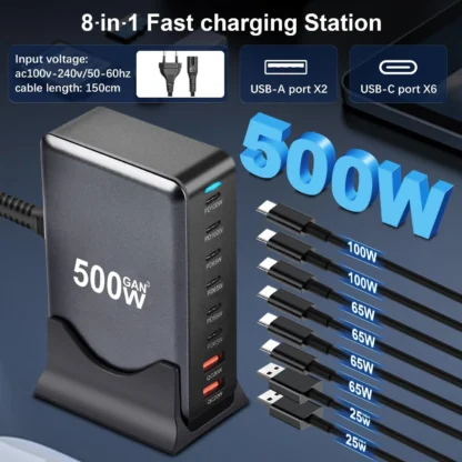500W GaN Fast Charger Station, 8-Port USB PD & Quick Charge 3.0, 2 USB and 6 Type C Fast Charging Power Adapter for Cellphones, - Image 12