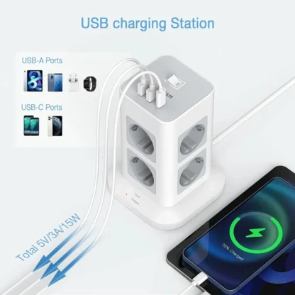 TESSAN Tower Power Strip Multi Outlets with USB A +1 Type C 2M Extension Cable EU Plug Vertical Electric Socket Surge Protection - Image 15
