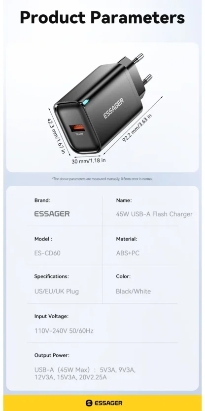 Essager 45W USB A Charger Flash Charge QC3.0 FCP SCP Fast Charging for Samsung Huawei Xiaomi iPad MakBook Tablet Phone Charger - Image 22