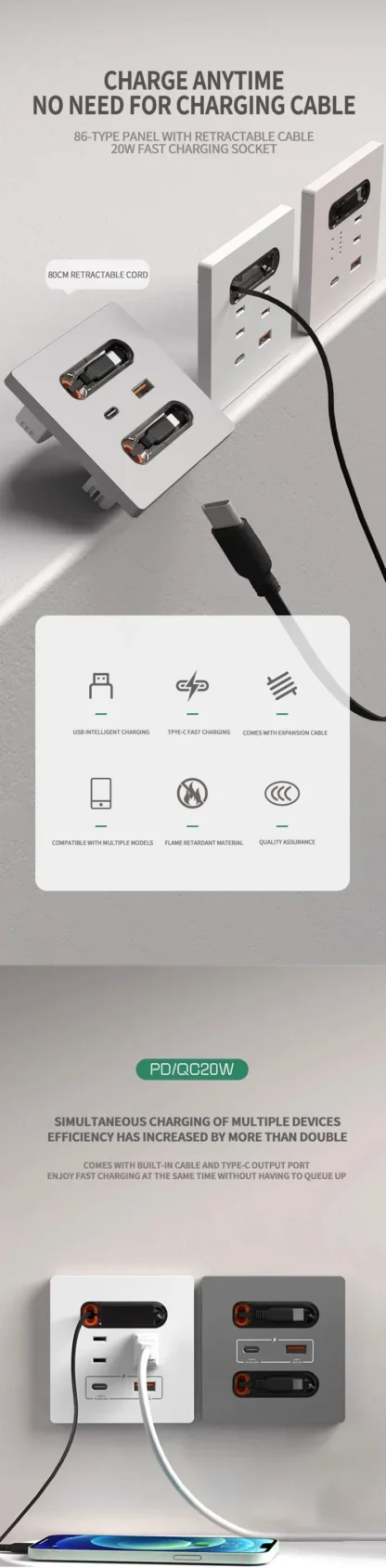 Retractable Charging Socket: 20W Dual USB Ports with PD 3.0 | 86-Type Wall Mount Panel for iOS/Android Devices​ - Image 9