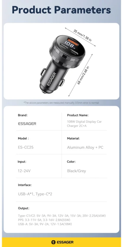 Essager 108W 3Ports USB Car Charger Digital Dispaly PD3.0 Fast Charging Quick Charge 3.0 Adapter for iPhone 16 15 Xiaomi Samsung - Image 19