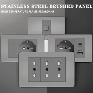 118 US Mexico Grey Stainless Steel Brushed 2way Electrical Light Switch Home Wall Socket Plug Double USB Type-C Power Outlet
