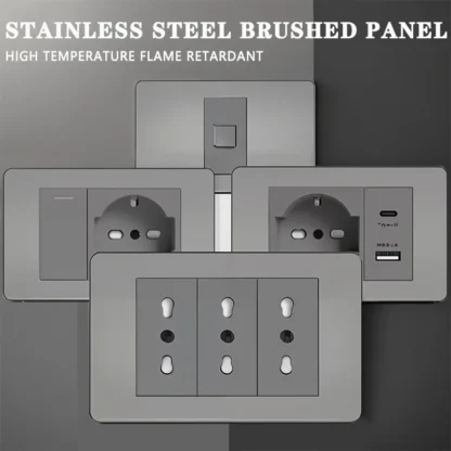 118 US Mexico Grey Stainless Steel Brushed 2way Electrical Light Switch Home Wall Socket Plug Double USB Type-C Power Outlet