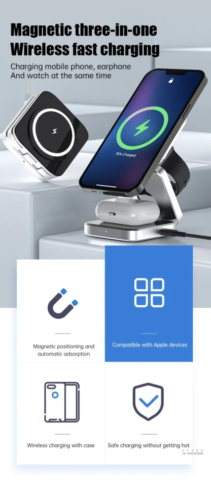 Travel Magnetic Wireless Charging Station 3 in 1 for IPhone 15 14 13 12 Pro/Max,Apple Watch 8, AirPods 3/2,Foldable Phone Hold - Image 9