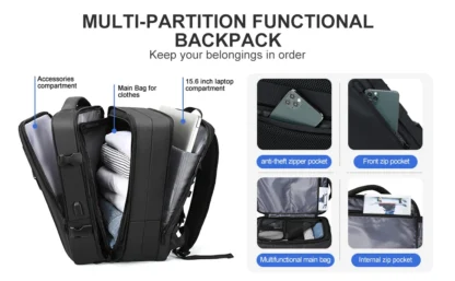 Likros Men Backpack Business Travel Backpack Carry on Waterproof Expandable Backpacks Large Capacity Weekend Traveler Laptop Bag - Image 11