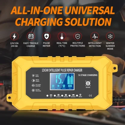 UK Plug Smart Car Battery Charger 12V15A/24V8A LCD Display Pulse Repair for AGM Gel Wet Lead Acid Lithium Batteries - Image 2