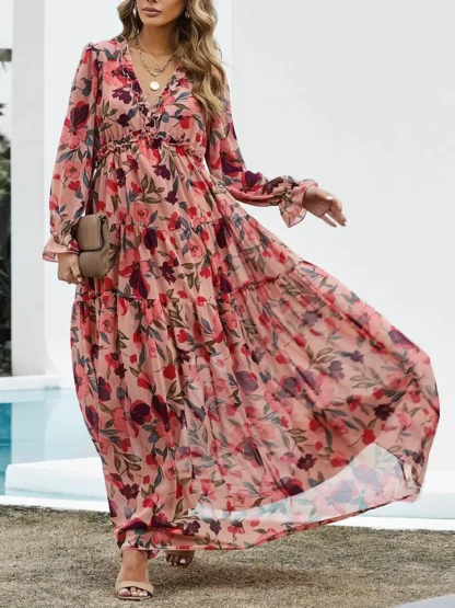 【Plus Size】 Floral Print V Neck Dress, Casual Fashion Long Sleeve Dress for Daily Outdoor Wear, Women Clothing for Spring Fall - Image 4
