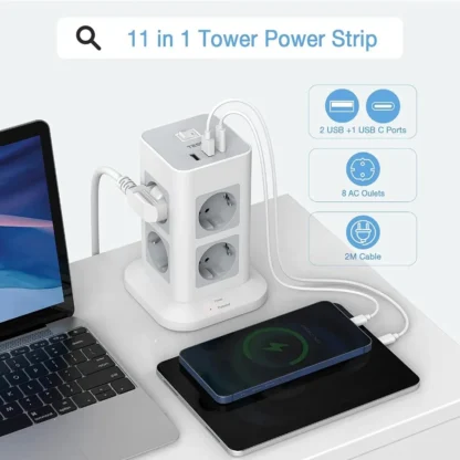 TESSAN Tower Power Strip Multi Outlets with USB A +1 Type C 2M Extension Cable EU Plug Vertical Electric Socket Surge Protection - Image 14